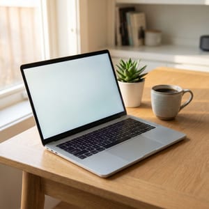 Laptop modern deschis pe un birou luminos, cu o cană de cafea alături
