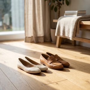 Pantofi casual de damă din piele, lângă o fereastră