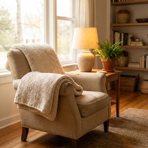 Colț de living amenajat cald, cu textile și plante, în lumină naturală
