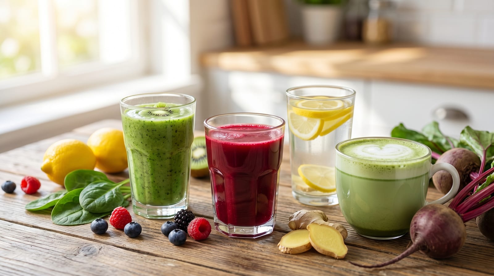 Cinci băuturi energizante de casă în pahare: smoothie verde, suc de sfeclă, apă cu lămâie și ghimbir, matcha latte