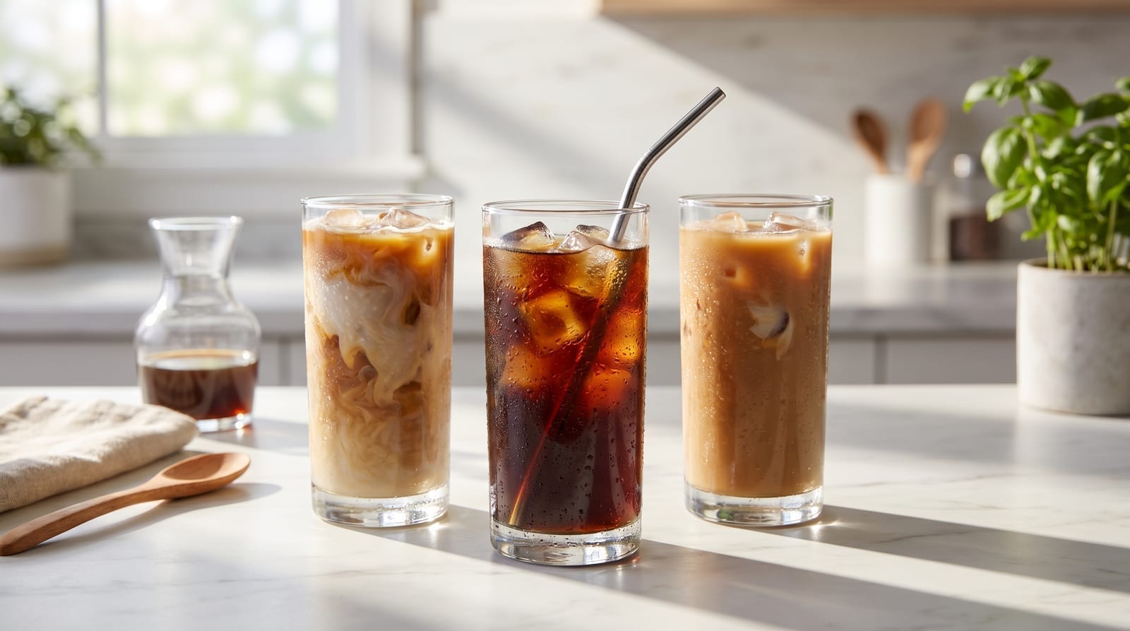 Pahar de cafea rece cu gheață și lapte turnat deasupra, cold brew făcut acasă