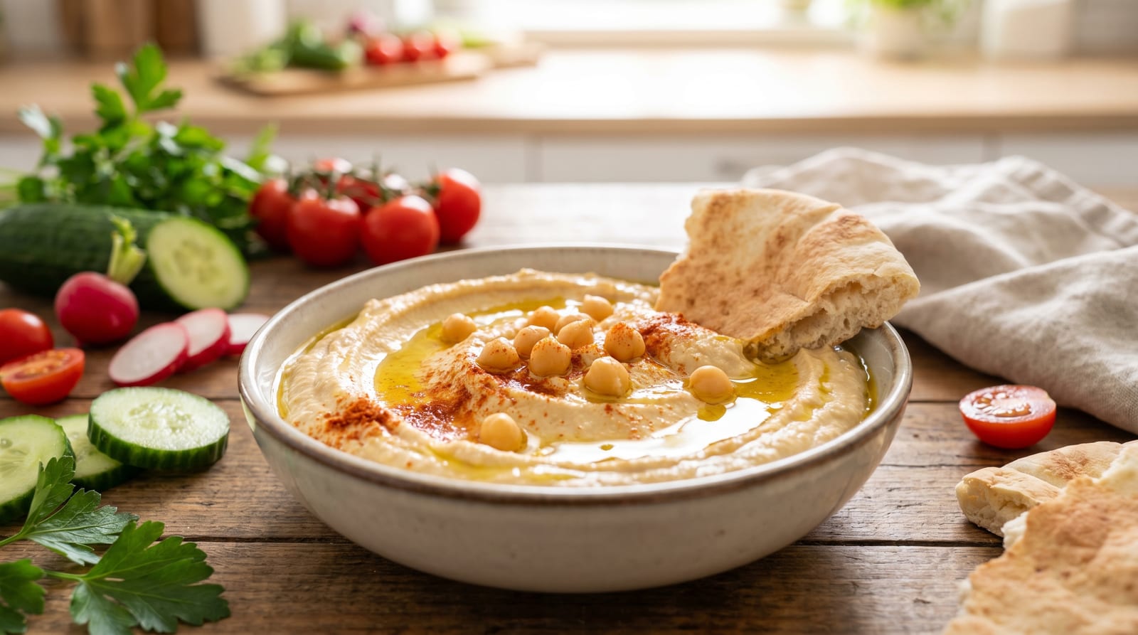 Bol de humus cremos cu ulei de măsline, boia și năut întreg deasupra, alături de lipie și legume