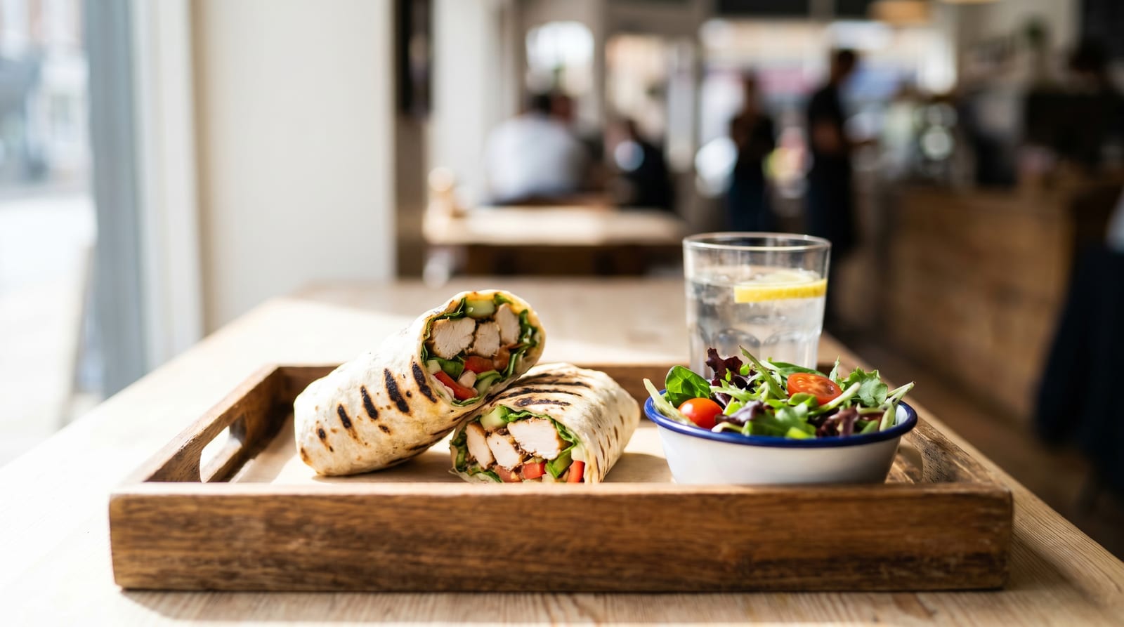 Masă de fast-food cu un wrap cu pui la grătar, o salată și un pahar cu apă în loc de suc