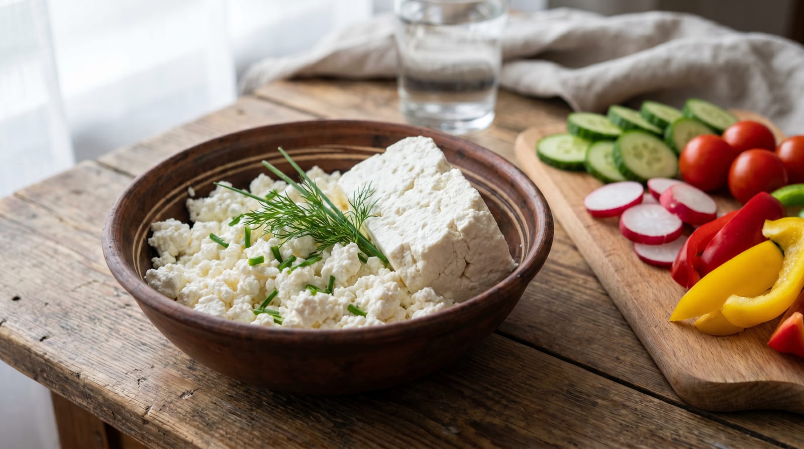 Bol cu brânză de vaci și urdă proaspătă, alături de legume, ca opțiuni de brânză pentru dietă