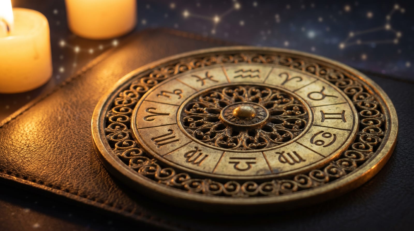 Roată zodiacală cu cele douăsprezece semne, în nuanțe calde, pe un fundal de noapte înstelată