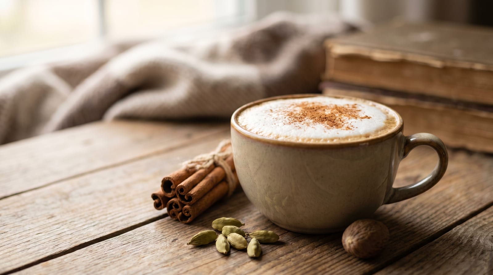 Ceașcă de cafea presărată cu scorțișoară, alături de batoane de scorțișoară, păstăi de cardamom și nucșoară