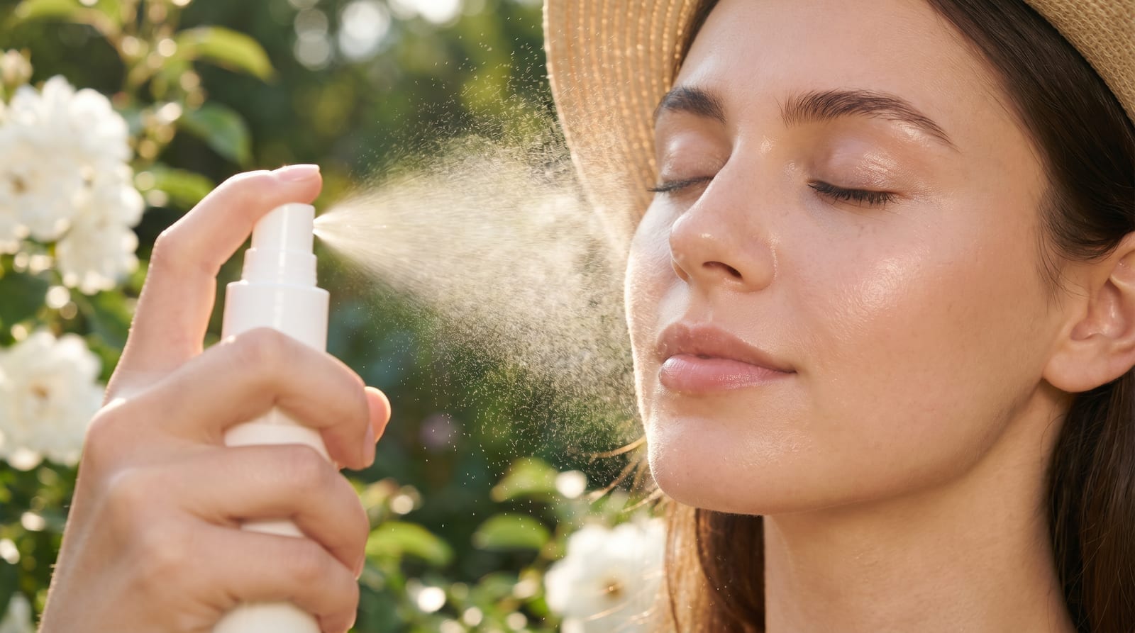Femeie care reaplică spray cu protecție solară peste machiaj, pe terasă, vara
