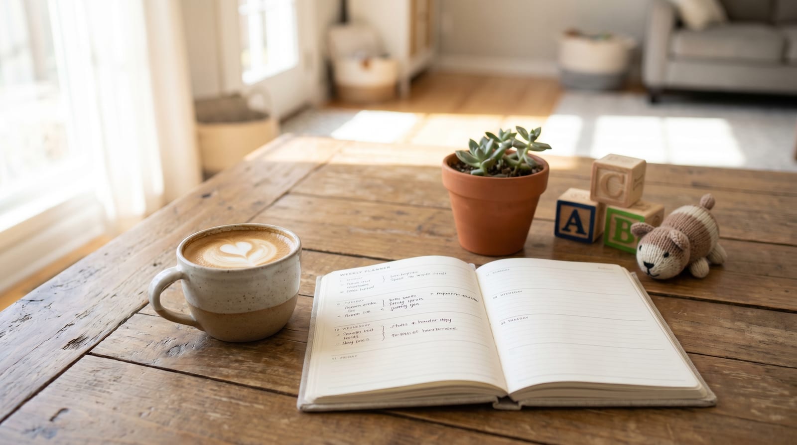 Mamă relaxată bând o cafea dimineața, cu un planner și jucării ordonate pe masă