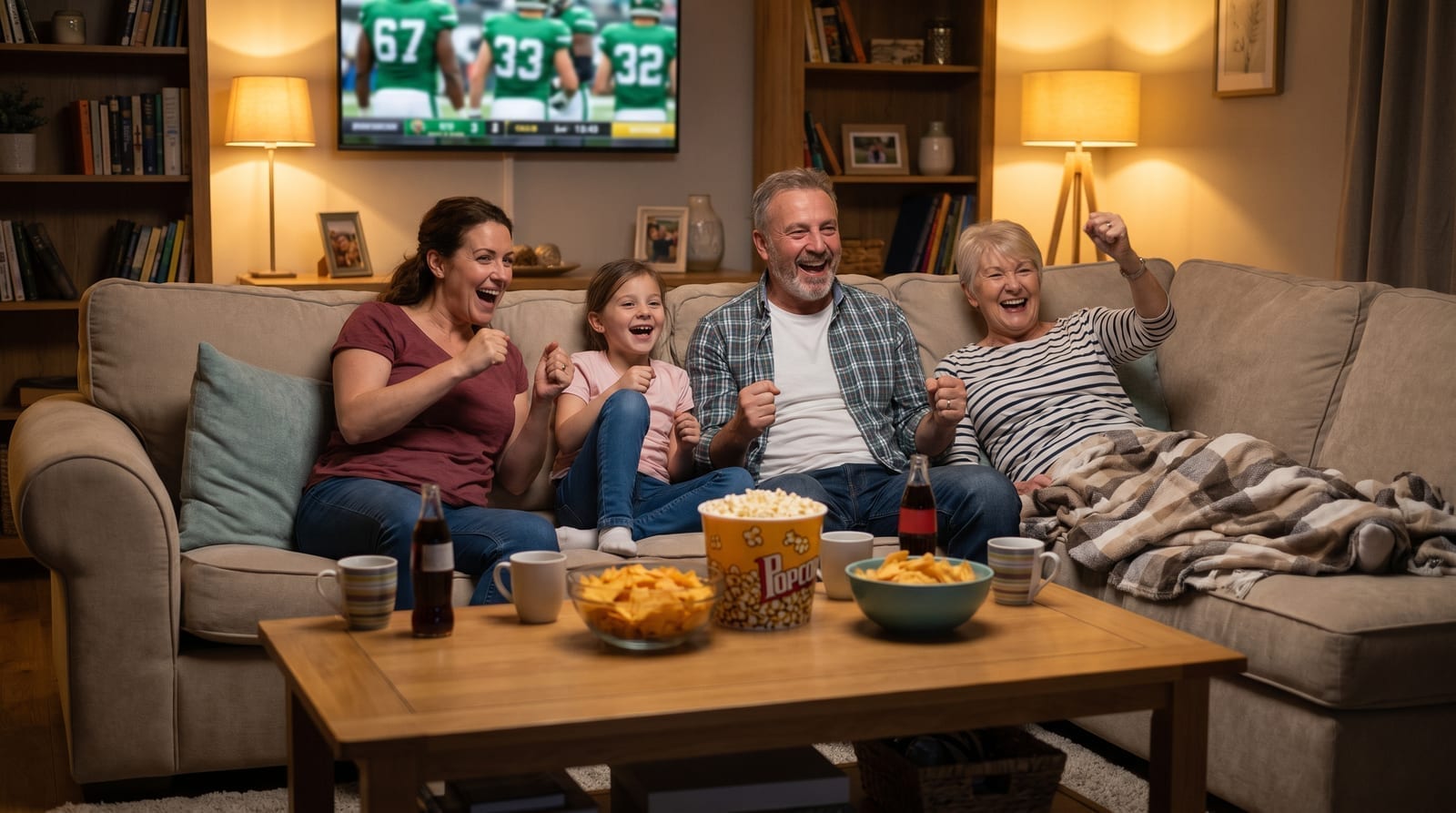 Familie adunată în living cu tricouri, gustări și nachos în fața televizorului la un meci de la Cupa Mondială 2026