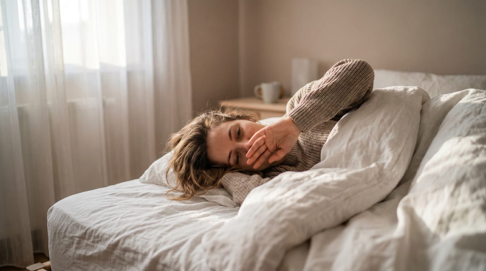 Femeie care se trezește dimineața ducându-și mâna la falcă după un vis cu dinți care cad