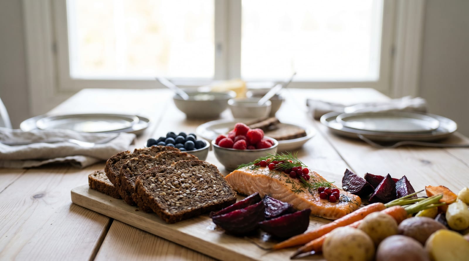 Masă în stil nordic cu pâine de secară, somon, fructe de pădure și legume rădăcinoase pe lemn deschis