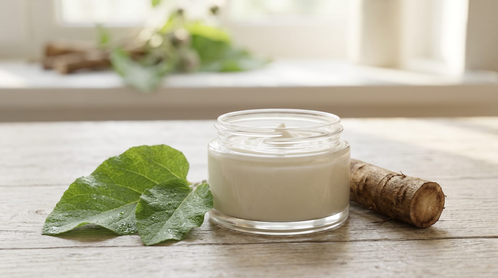 Borcănel cu cremă naturală de brusture lângă frunze verzi și o rădăcină de brusture, pe o masă deschisă