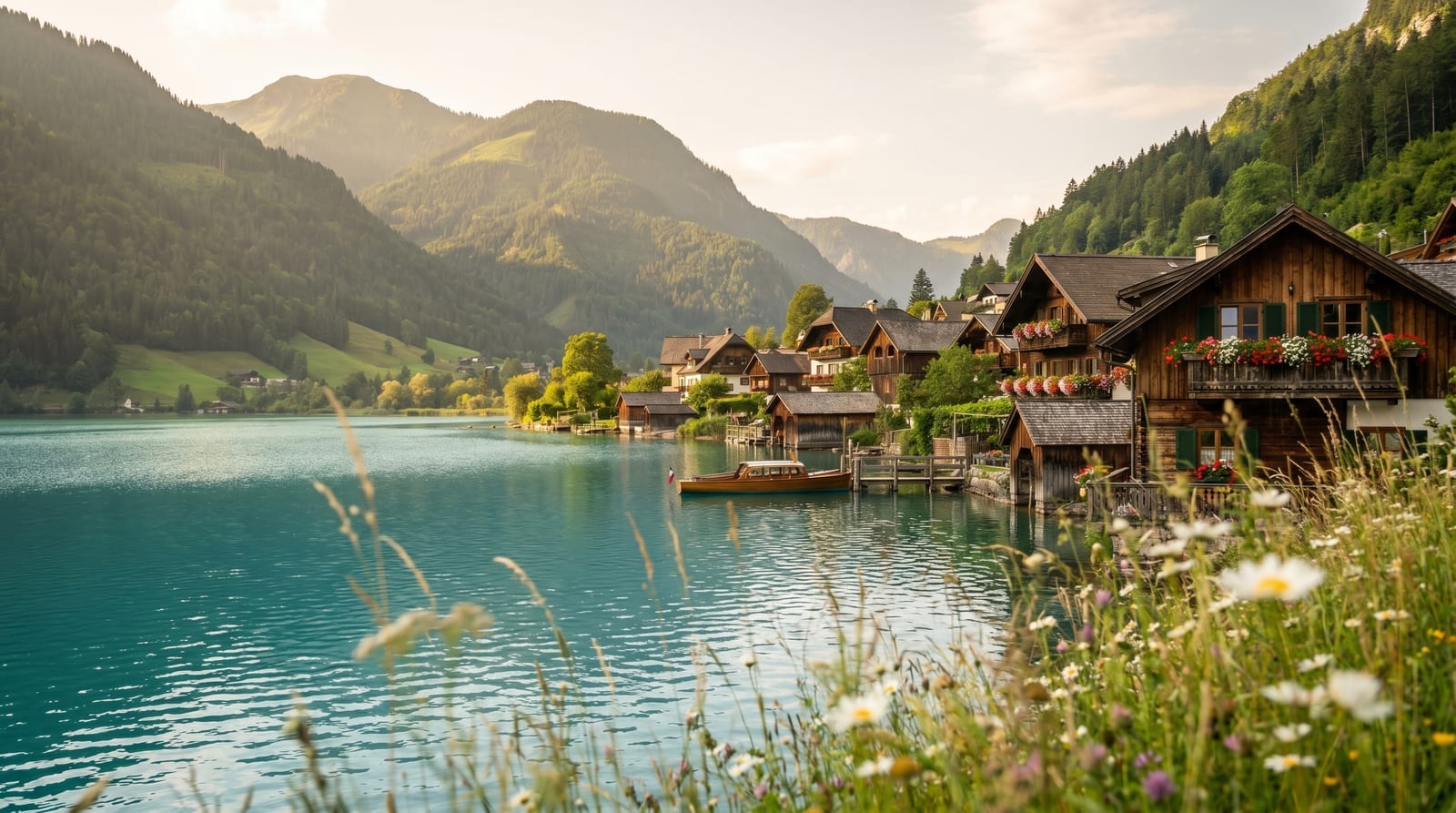 Lac alpin de un verde-turcoaz în Salzkammergut, cu munți și un sat austriac cu case cu flori la geam