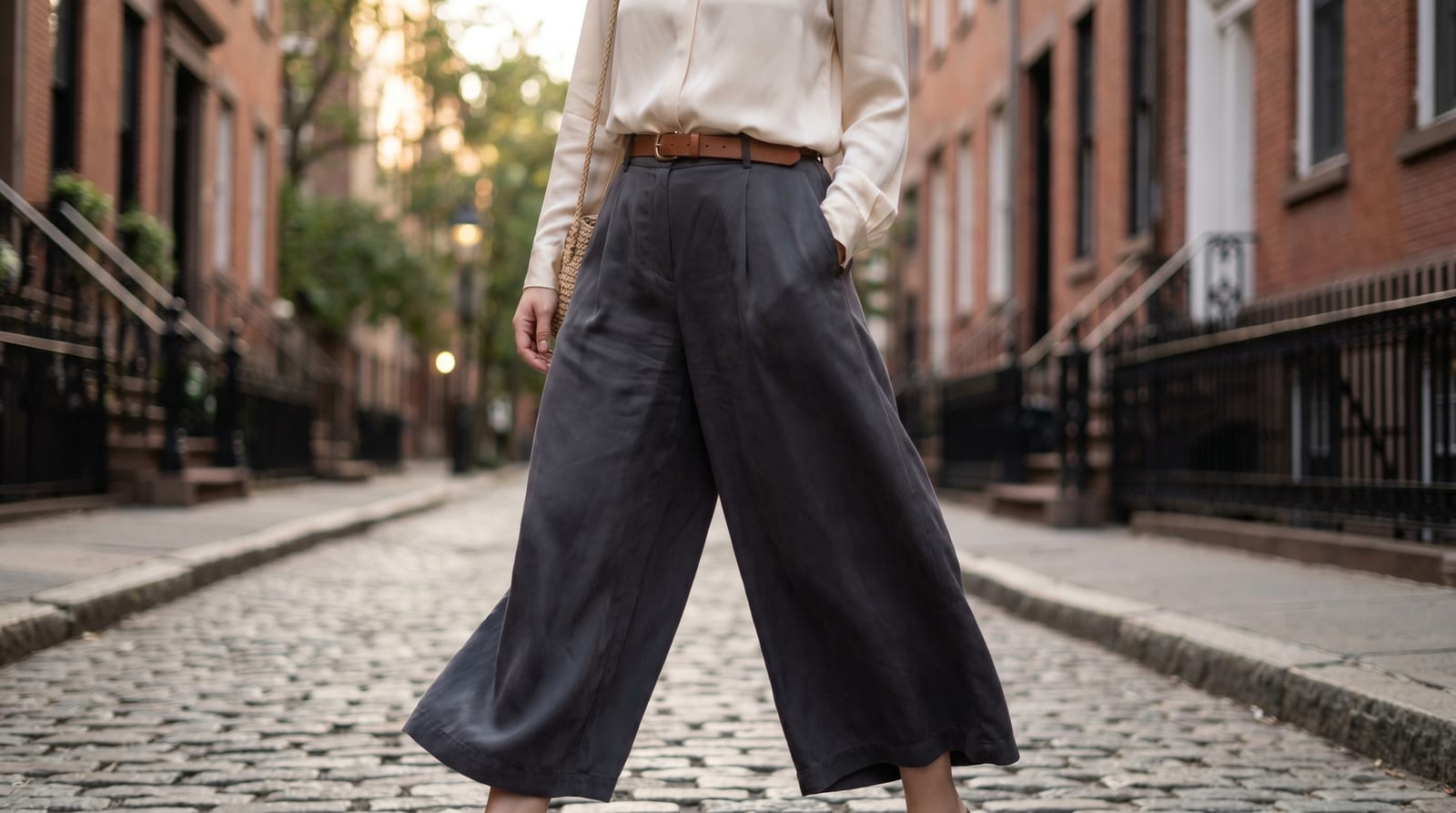 Fustă-pantalon elegantă, cu croială amplă, purtată cu un top simplu băgat în talie
