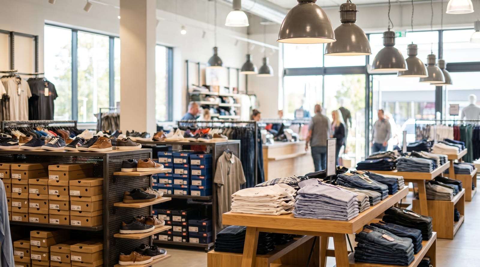 Rafturi pline cu pantofi și haine de brand într-un magazin off-price, cu etichete de reducere