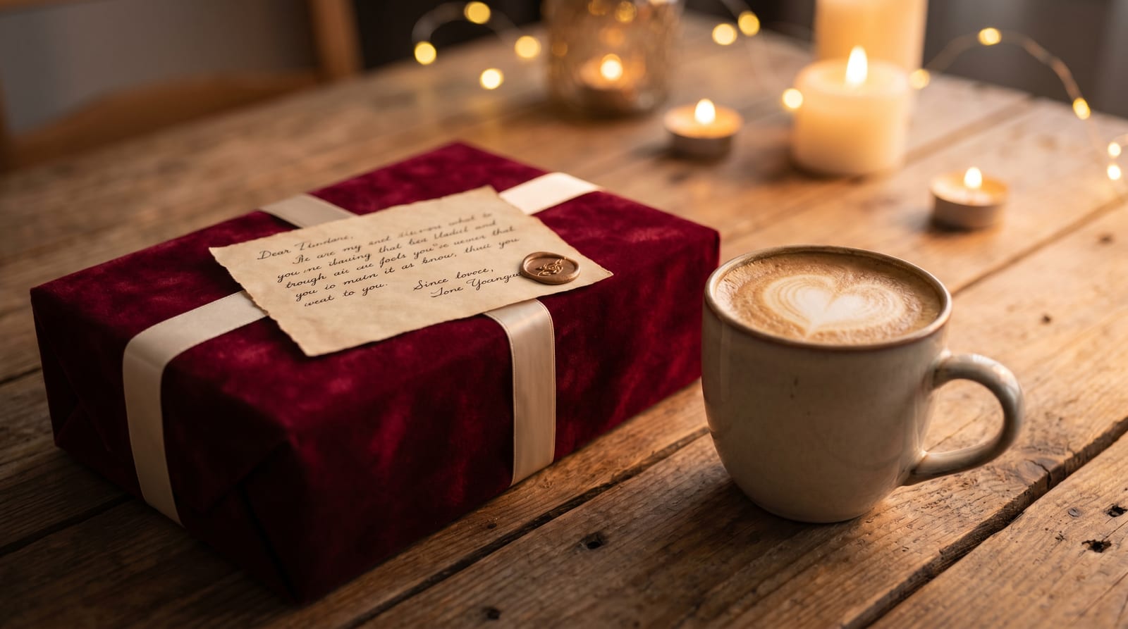 Cadou împachetat elegant pentru Valentine's Day, alături de un bilet scris de mână și o ceașcă de cafea