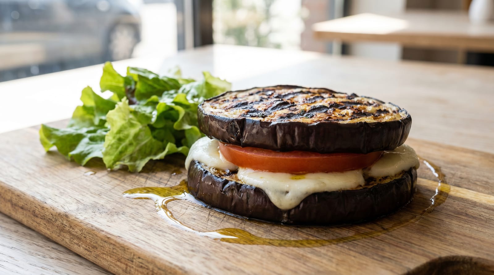 Sandwich fără pâine din felii de vinete coapte cu mozzarella și roșii, alături de frunze de salată
