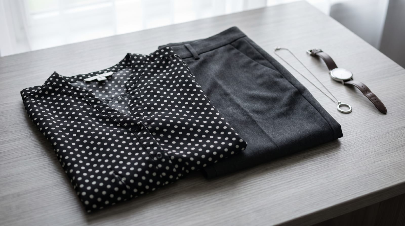 Bluză cu buline albe pe fond negru asortată cu pantaloni simpli, într-un cadru elegant și luminos