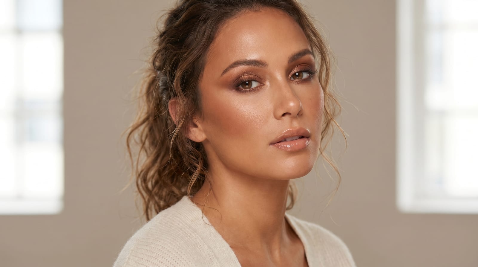 Tânără cu latte makeup, ten bronzat natural și buze în nuanțe de cafea cu lapte