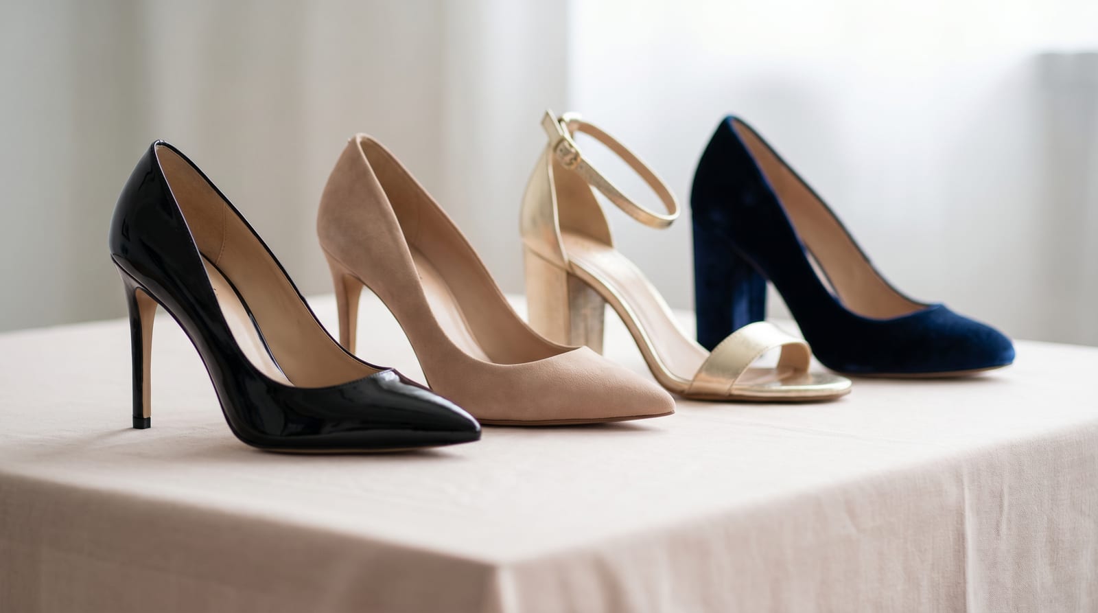 Mai multe perechi de pantofi cu toc, de la stiletto la toc gros, aliniate elegant pe o suprafață deschisă