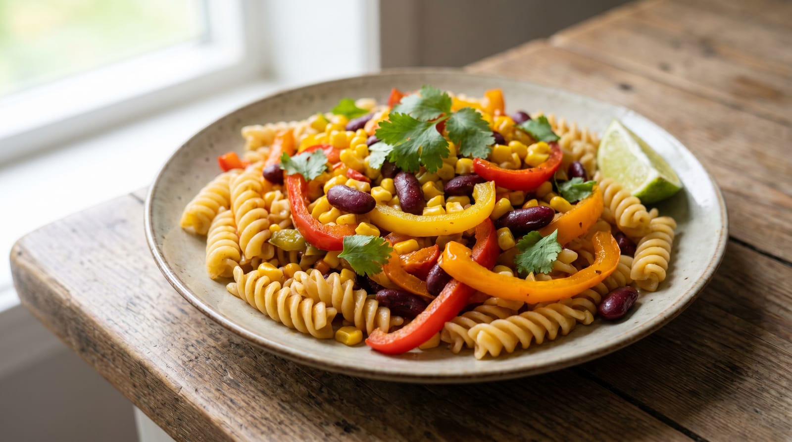 Farfurie cu paste și legume mexicane, ardei colorat, porumb și fasole roșie, presărate cu coriandru