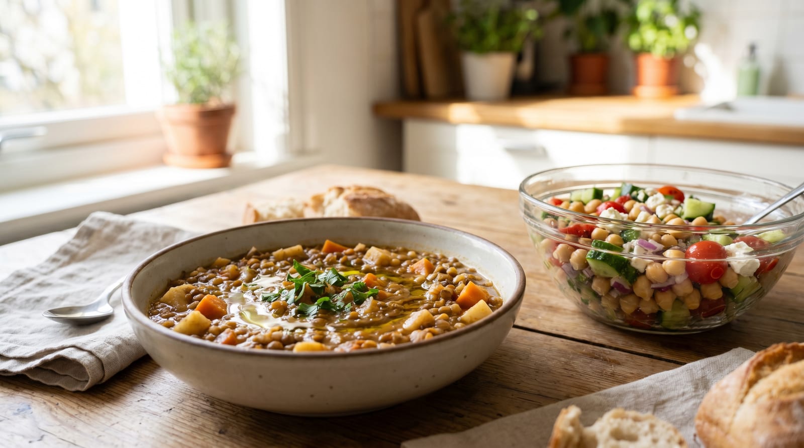 Bol cu tocăniță de linte și legume, alături de o salată de năut, pe o masă luminoasă de bucătărie