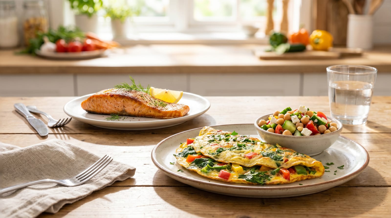 Cină rapidă și sănătoasă: omletă cu legume, salată de năut și somon la tigaie pe o masă luminoasă
