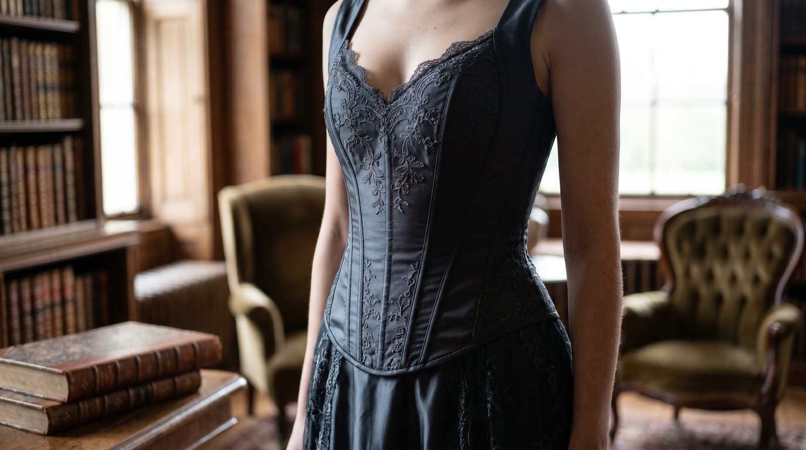 Rochie cu corset structurat care marchează talia, croială elegantă, într-un cadru rafinat