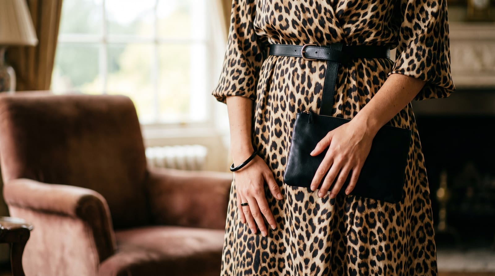 Rochie cu imprimeu leopard purtată simplu, cu accesorii negre discrete într-un cadru elegant