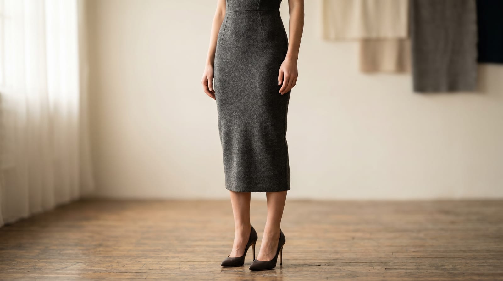 Rochie mulată elegantă dintr-un material gros, structurat, purtată cu pantofi cu toc