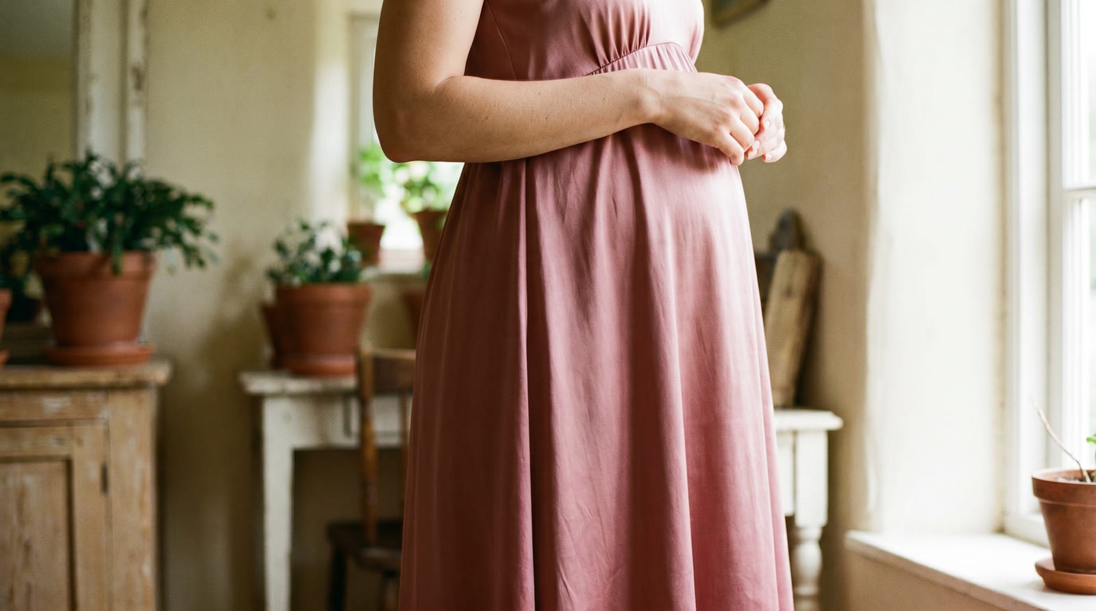 Rochie cu talie imperială și croială lejeră care cade vaporos peste zona abdomenului