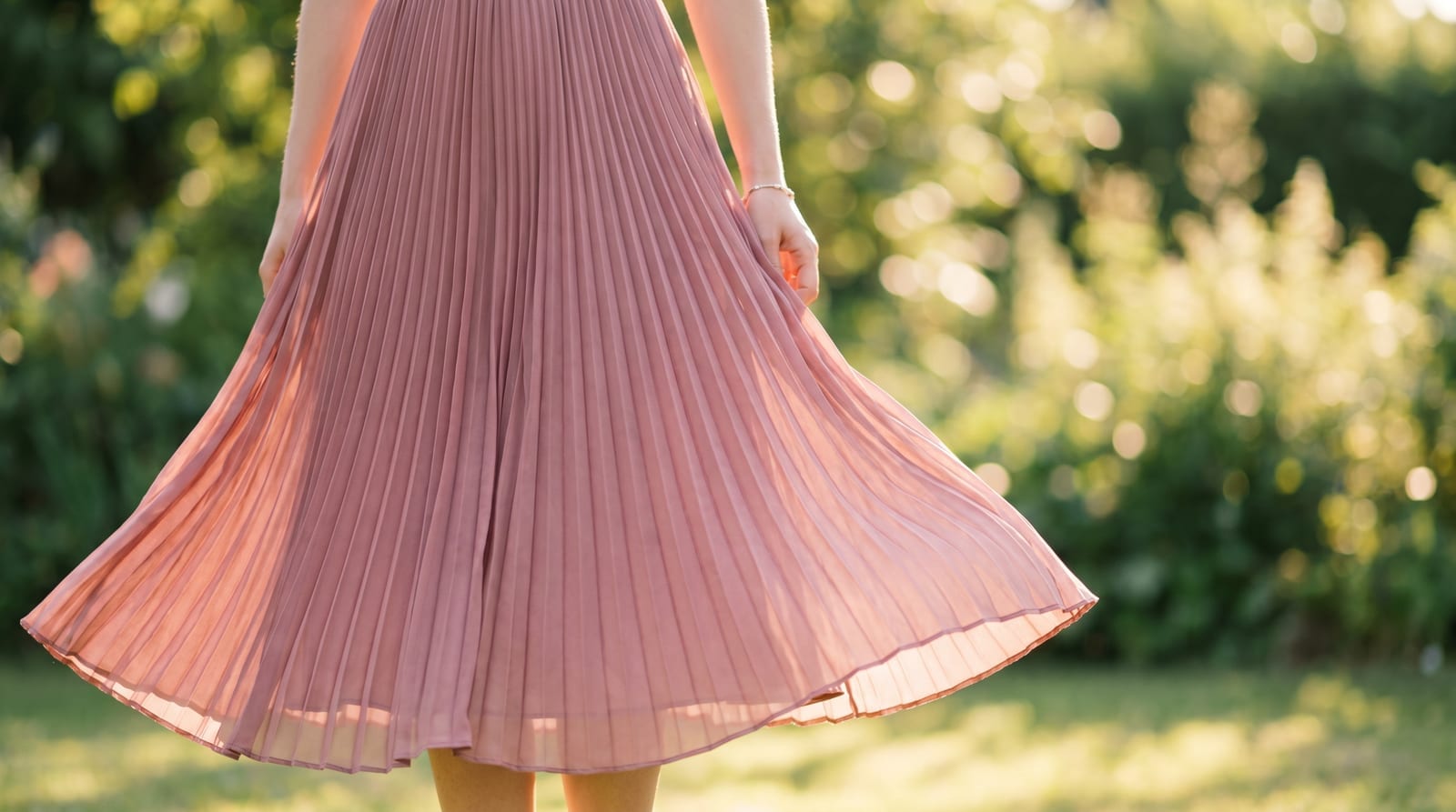 Femeie purtând o rochie plisată midi, fluidă, în mișcare, cu pliuri fine care prind lumina