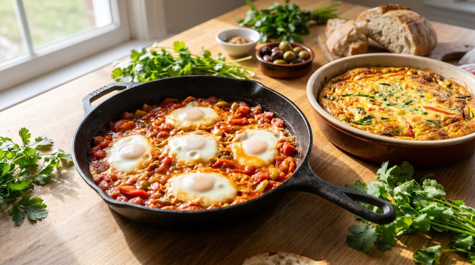 Tigaie cu shakshuka, ouă ochiuri și o frittata cu legume, pe o masă de bucătărie luminoasă