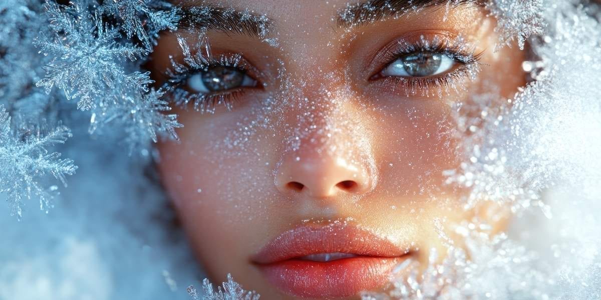 Tânără cu ten luminos aplicând cremă bogată în skincare de iarnă, lângă o fereastră acoperită de gheață