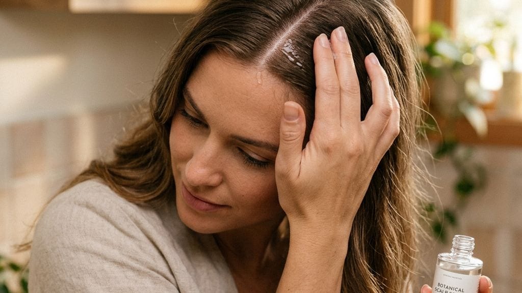 Femeie masează blând scalpul cu un ser cu peptide, parte din rutina de skinification a scalpului