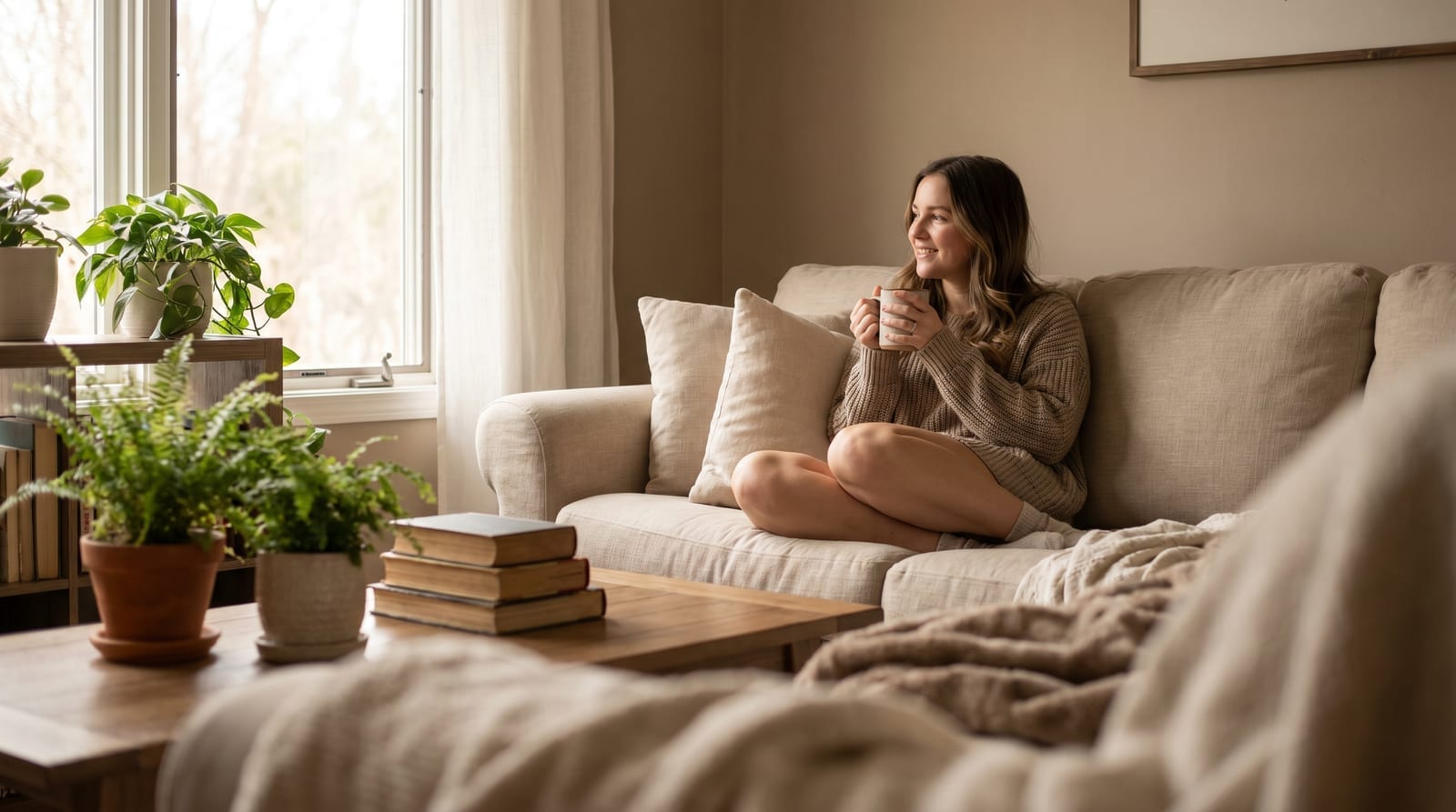 Tânără relaxată cu o cafea pe canapea, ilustrând trendul soft life de pe rețelele sociale