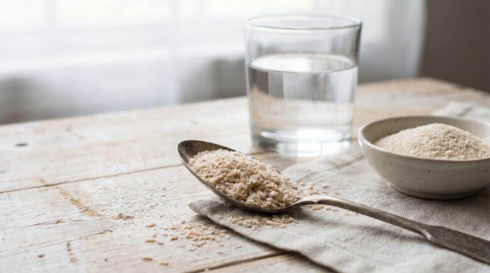 Lingură cu tărâțe de psyllium lângă un pahar cu apă și un bol cu pudră fină de psyllium, pe o masă deschisă