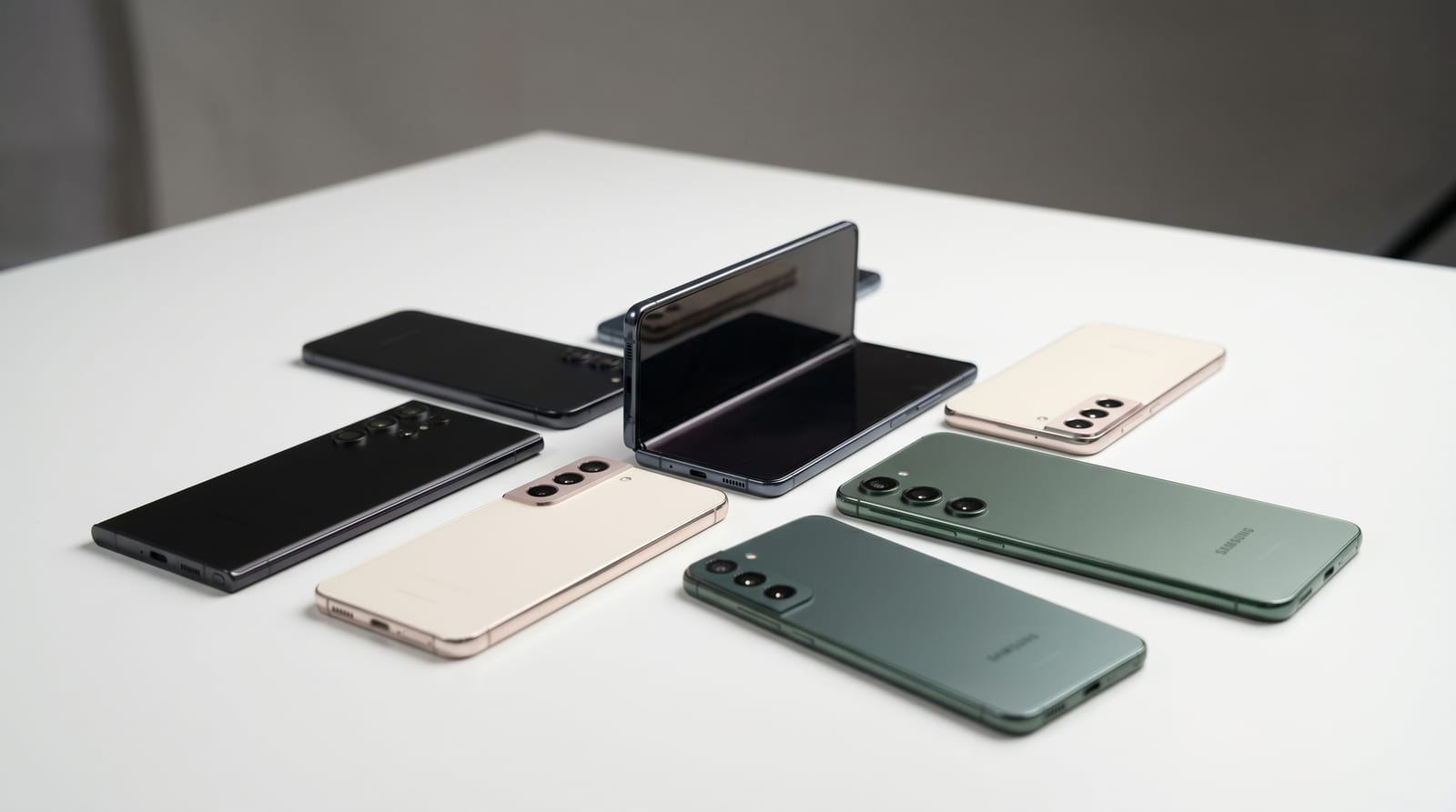 Mai multe telefoane Samsung Galaxy, inclusiv un model pliabil, așezate pe o suprafață minimalistă