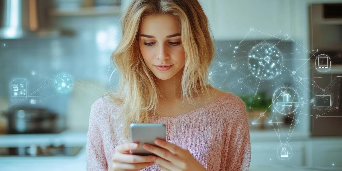 Femeie care folosește un asistent cu inteligență artificială pe telefon, dimineața, cu o cană de cafea alături
