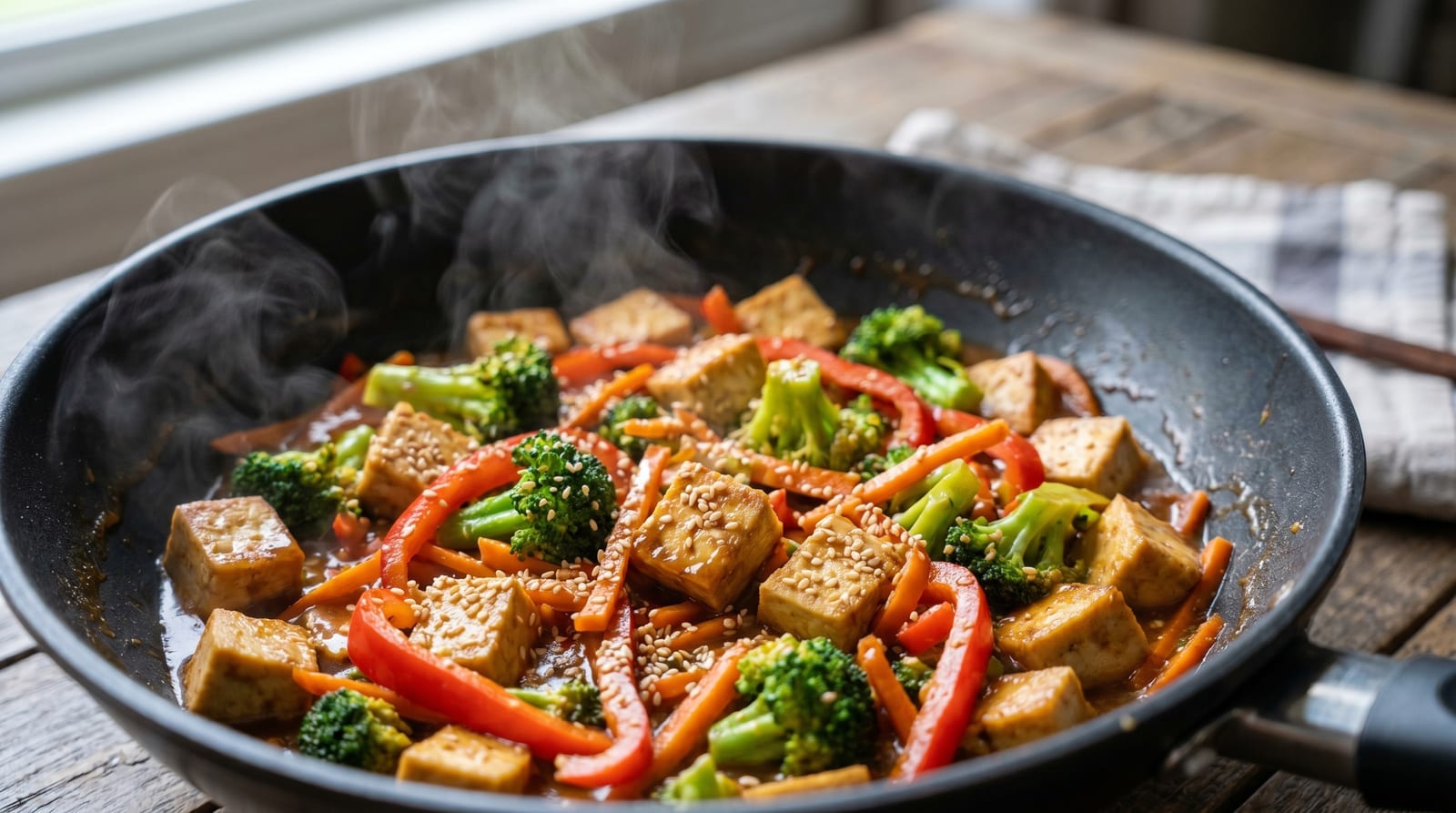 Cuburi de tofu rumenite cu broccoli, ardei și morcov în sos asiatic, presărate cu susan, într-un wok