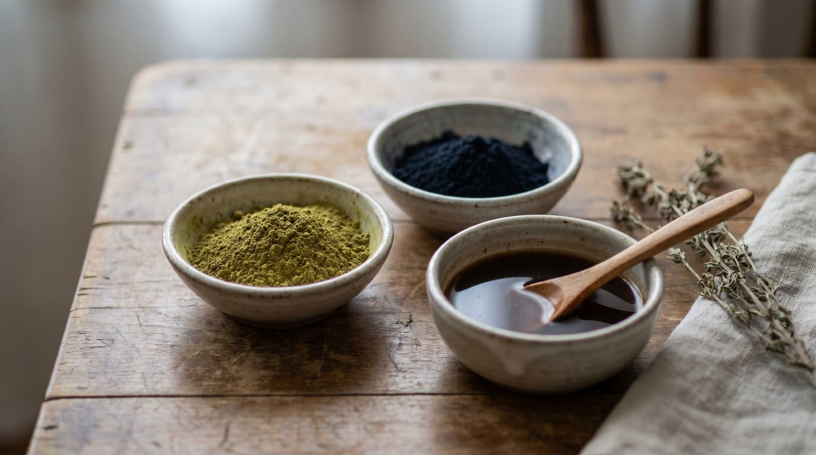 Boluri cu pudră de henna, indigo și decoct de coji de nucă, pregătite pentru nuanțarea naturală a părului