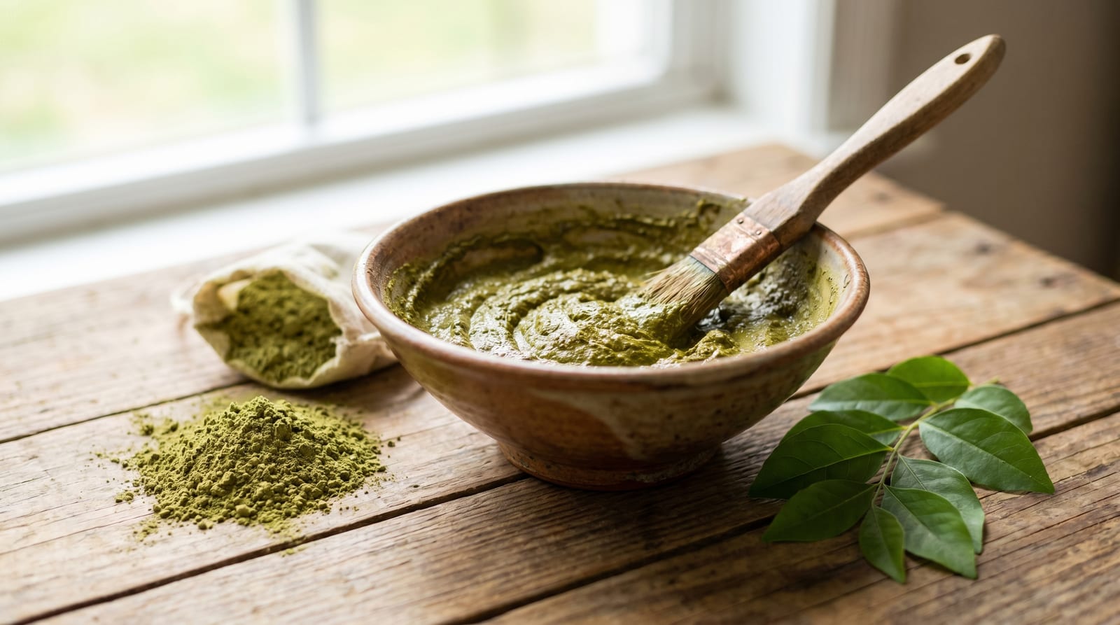 Bol cu pastă de henna verde și o pensulă, alături de frunze și pudră de henna pe un prosop